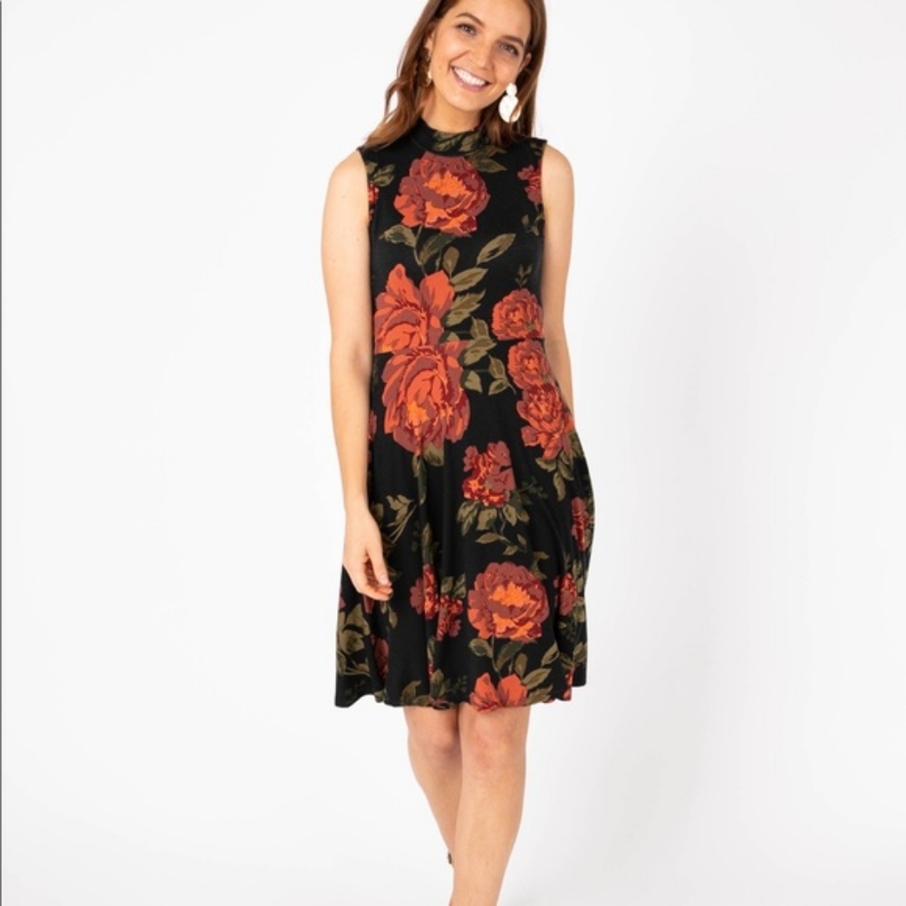 Mock Neck Fit & Flare Dress Rose Floral